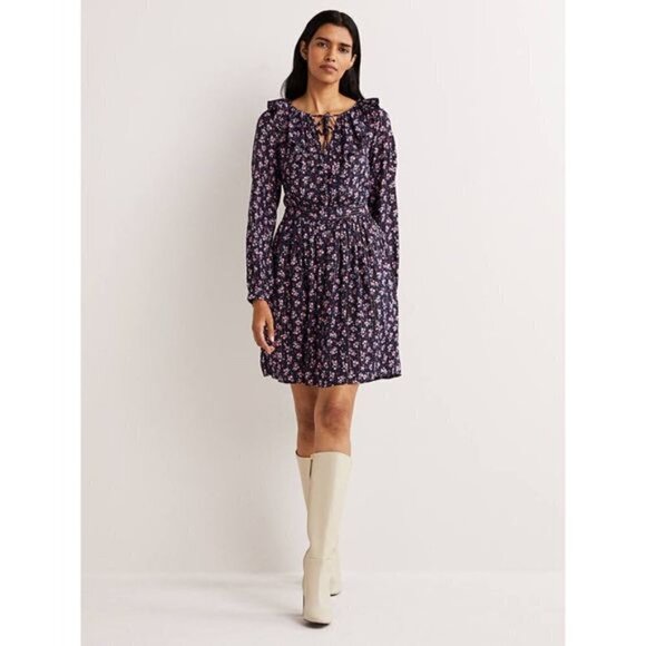 Boden Metallic Frill Detail Dress Navy Berry Sprig Size 16/18L NWT - Picture 3 of 9